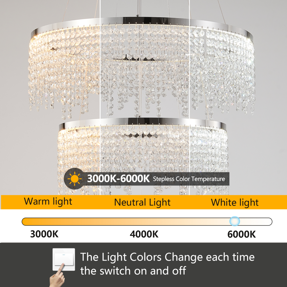24" LED Crystal Chandelier 3-Tier Chrome K9 Crystal Ceiling Light Living Room Dining Room 55W Tri-Colour