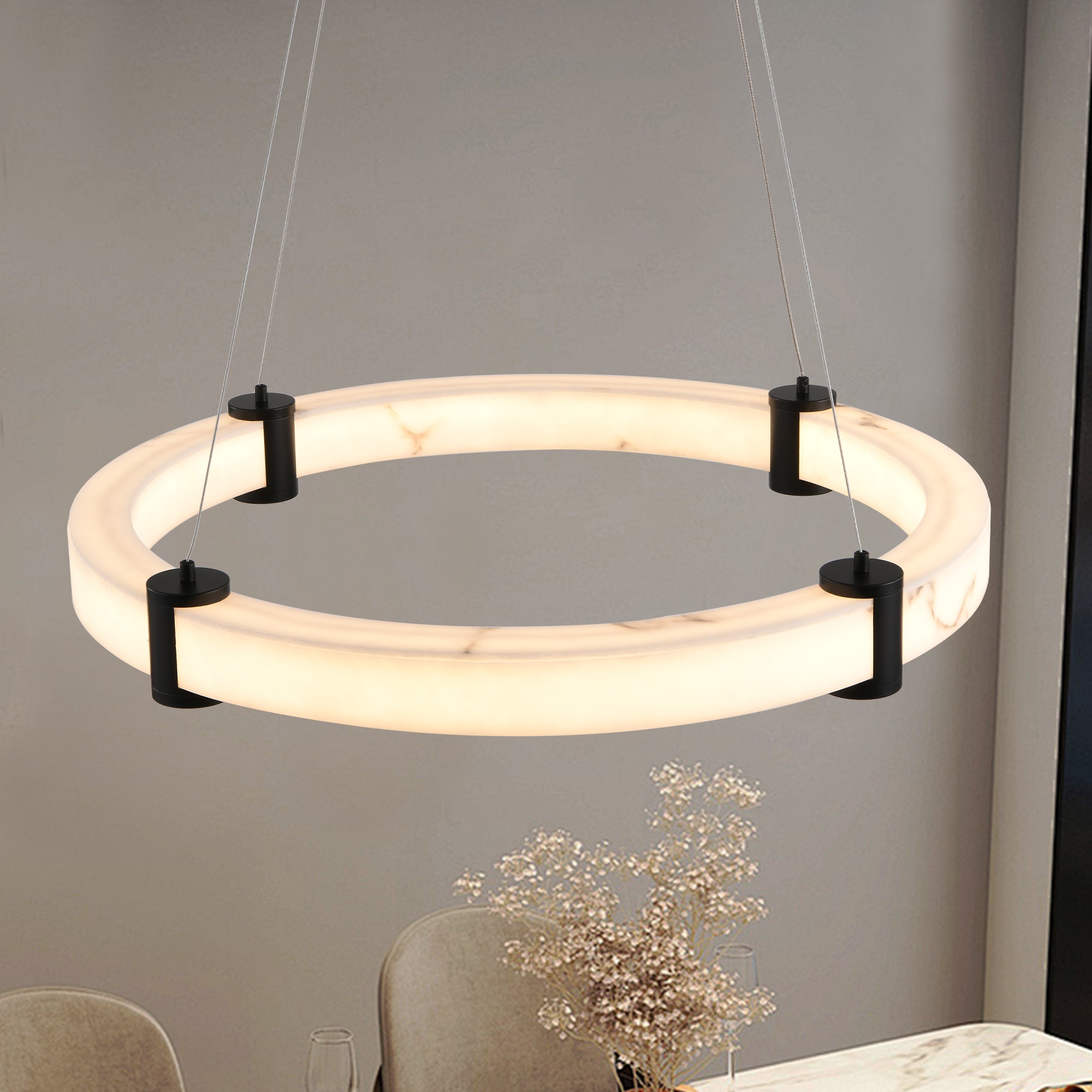 Modern LED Pendant Light 24-Inch Round Hanging Chandelier Adjustable Height Marble Resin Ring Ceiling Light