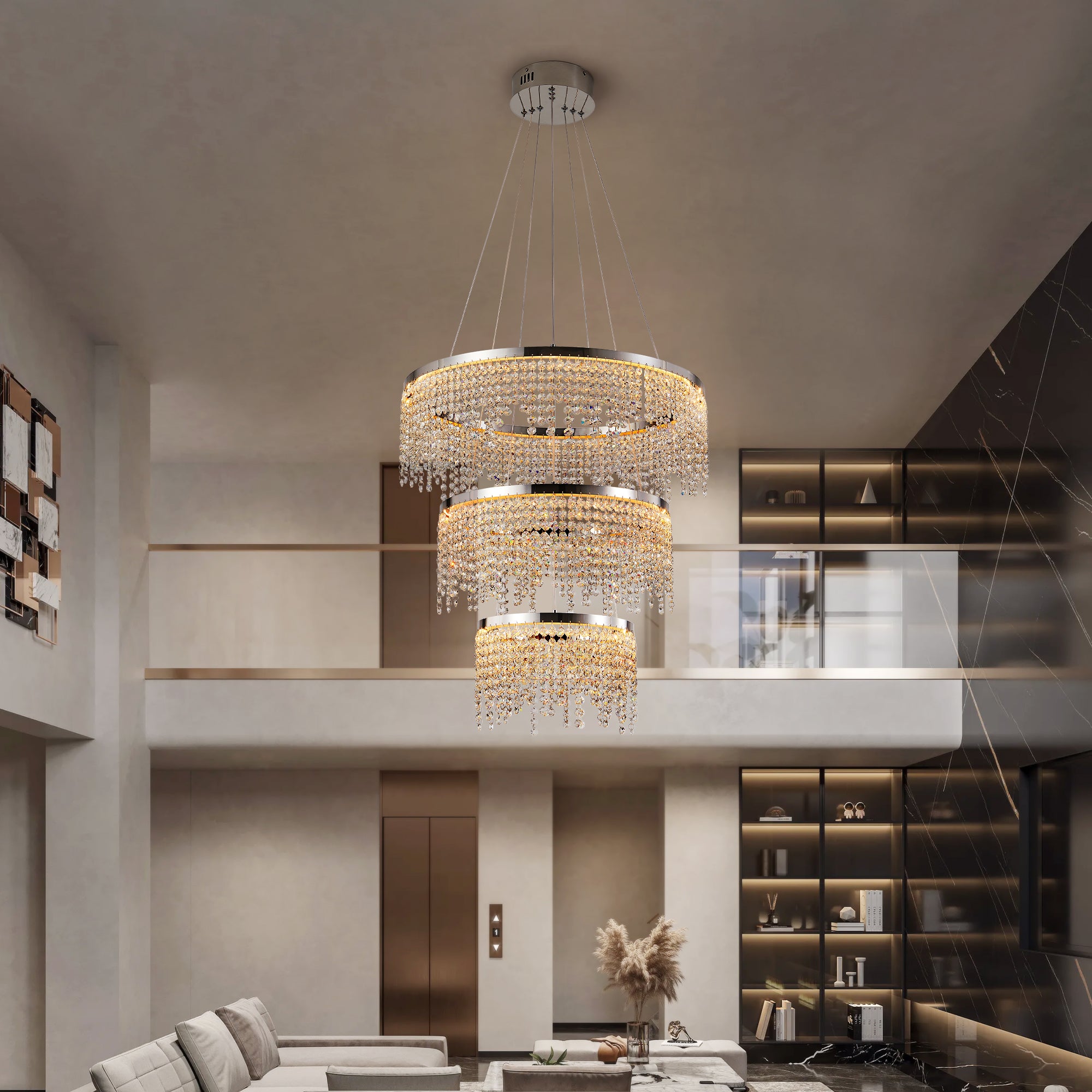 24" LED Crystal Chandelier 3-Tier Chrome K9 Crystal Ceiling Light Living Room Dining Room 55W Tri-Colour