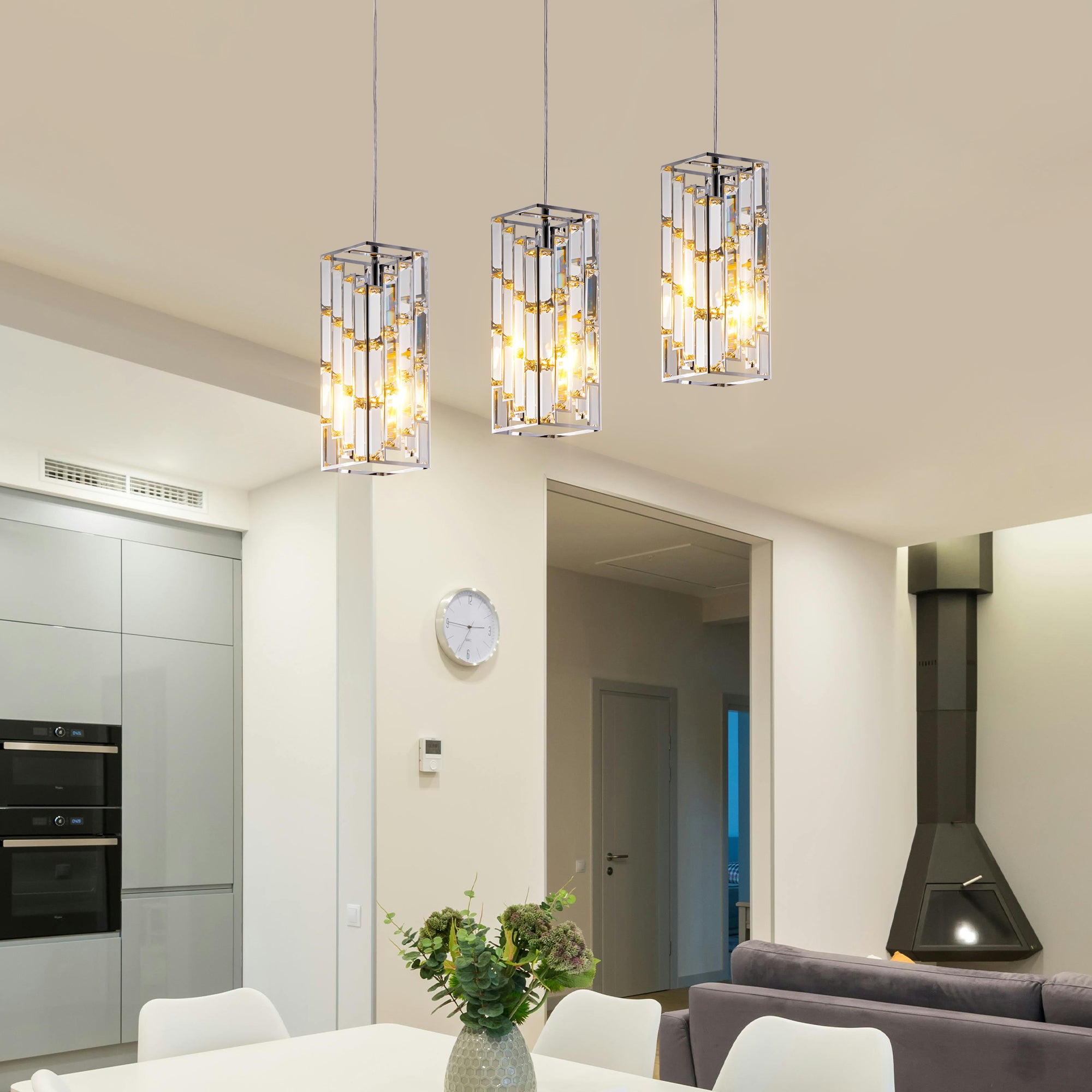3-Light Crystal Pendant Set | Chrome Prism Mini Pendant Lights for Kitchen Island & Dining Room
