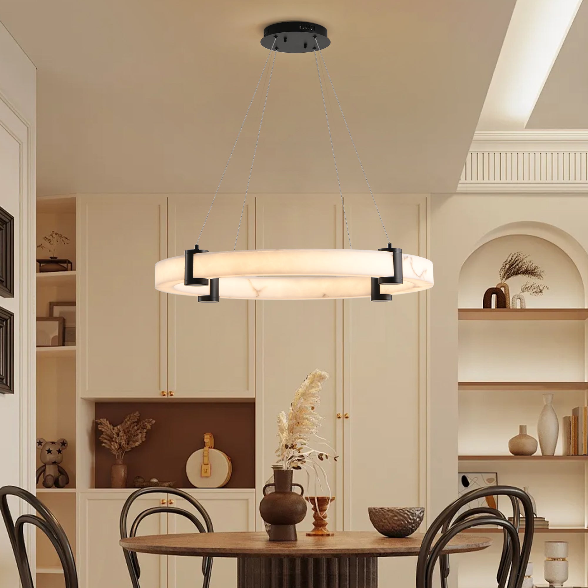 Modern LED Pendant Light 24-Inch Round Hanging Chandelier Adjustable Height Marble Resin Ring Ceiling Light