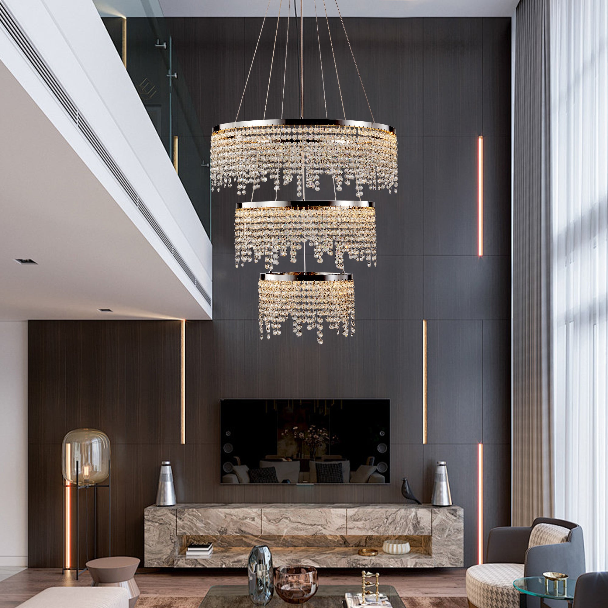 24" LED Crystal Chandelier 3-Tier Chrome K9 Crystal Ceiling Light Living Room Dining Room 55W Tri-Colour