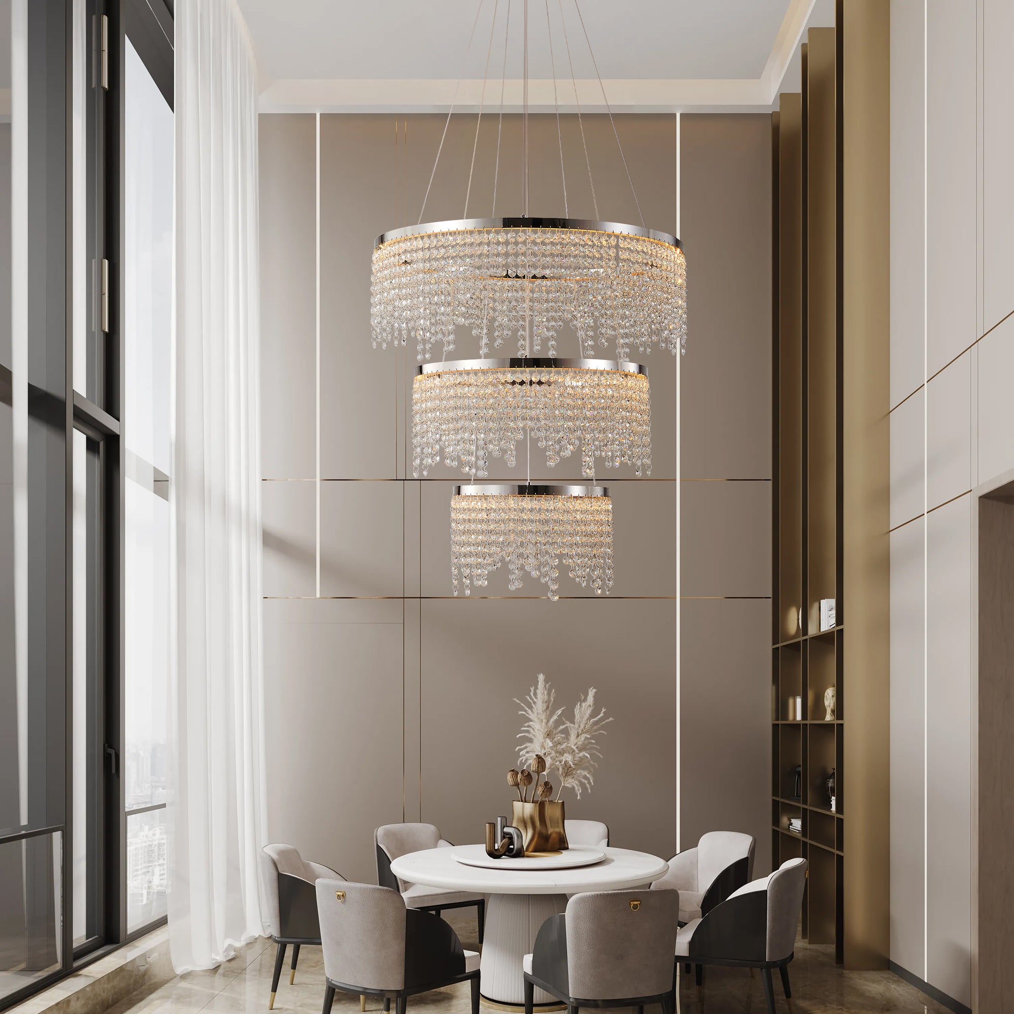24" LED Crystal Chandelier 3-Tier Chrome K9 Crystal Ceiling Light Living Room Dining Room 55W Tri-Colour