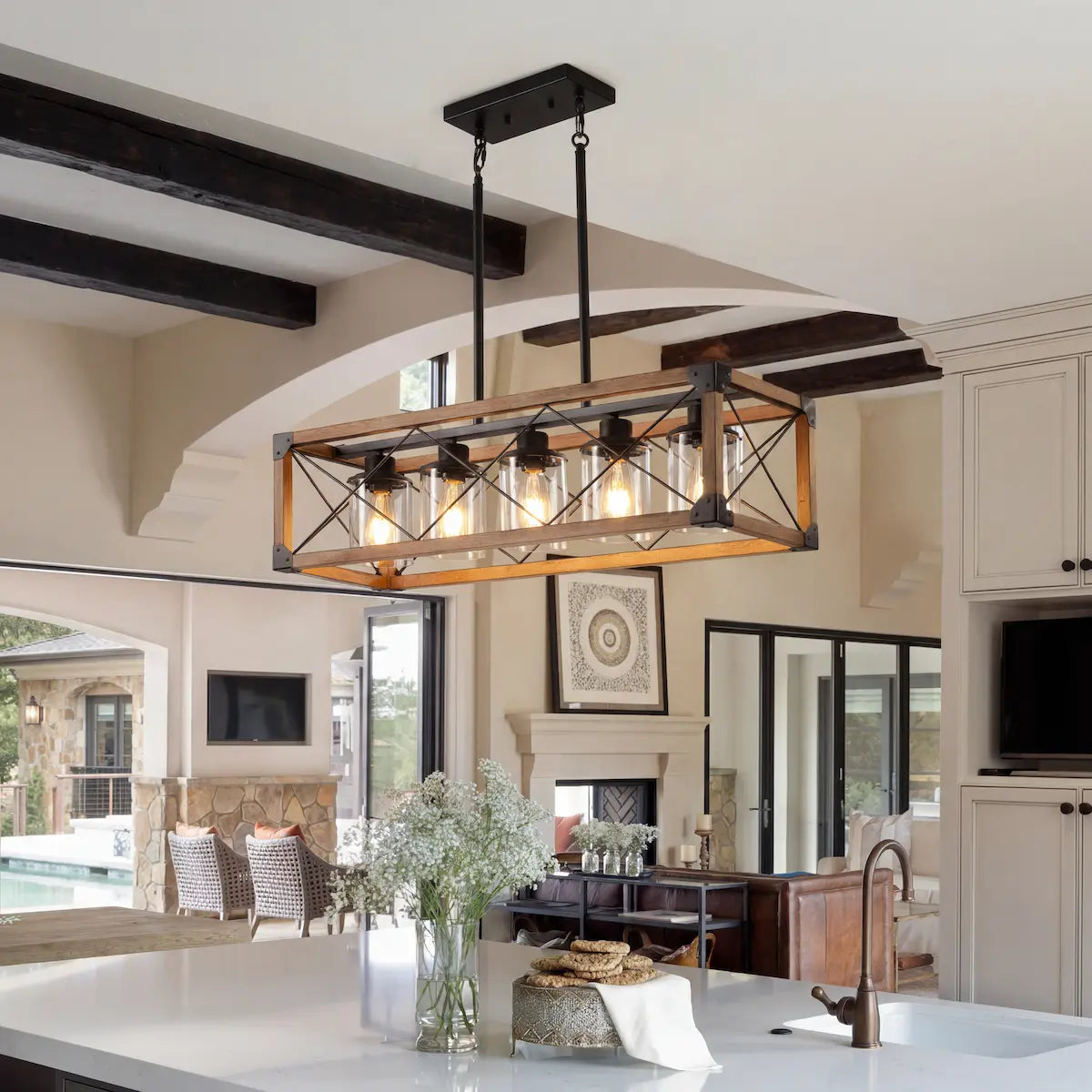 32" Walnut Farmhouse Kitchen Island Chandelier, 5-Light Industrial Rustic Rectangle Pendant Light Fixture, Farmhouse Ceiling Light, Rustic Chandelier, Kitchen Island Lighting, Dining Room Light Fixture, Hanging Ceiling Light, Cafe & Entryway Decor