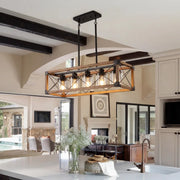 32" Walnut Farmhouse Kitchen Island Chandelier, 5-Light Industrial Rustic Rectangle Pendant Light Fixture, Farmhouse Ceiling Light, Rustic Chandelier, Kitchen Island Lighting, Dining Room Light Fixture, Hanging Ceiling Light, Cafe & Entryway Decor