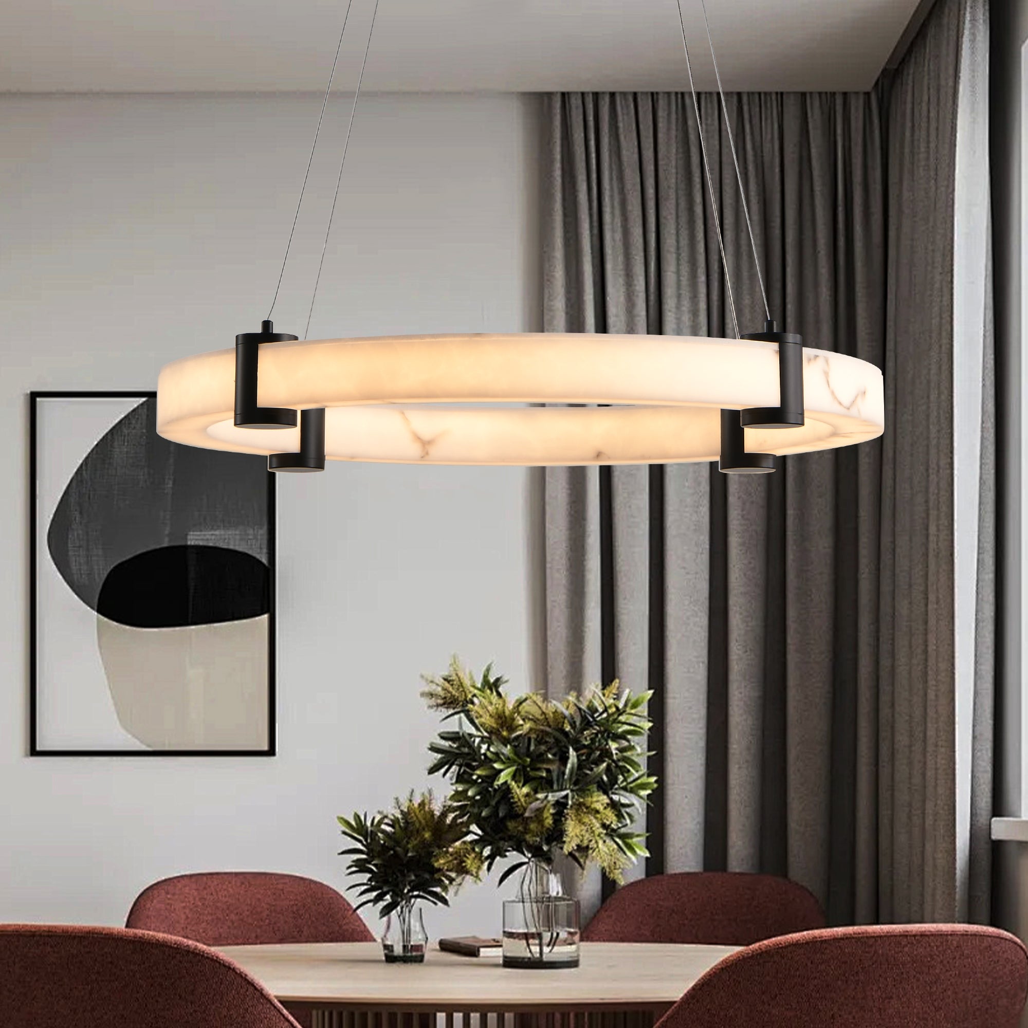 Modern LED Pendant Light 24-Inch Round Hanging Chandelier Adjustable Height Marble Resin Ring Ceiling Light