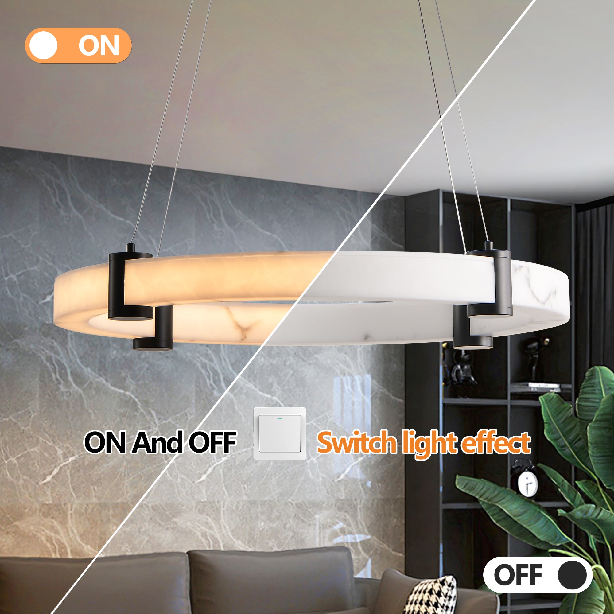Modern LED Pendant Light 24-Inch Round Hanging Chandelier Adjustable Height Marble Resin Ring Ceiling Light