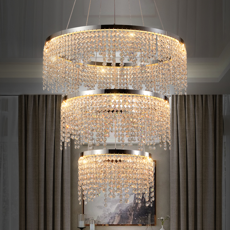 24" LED Crystal Chandelier 3-Tier Chrome K9 Crystal Ceiling Light Living Room Dining Room 55W Tri-Colour