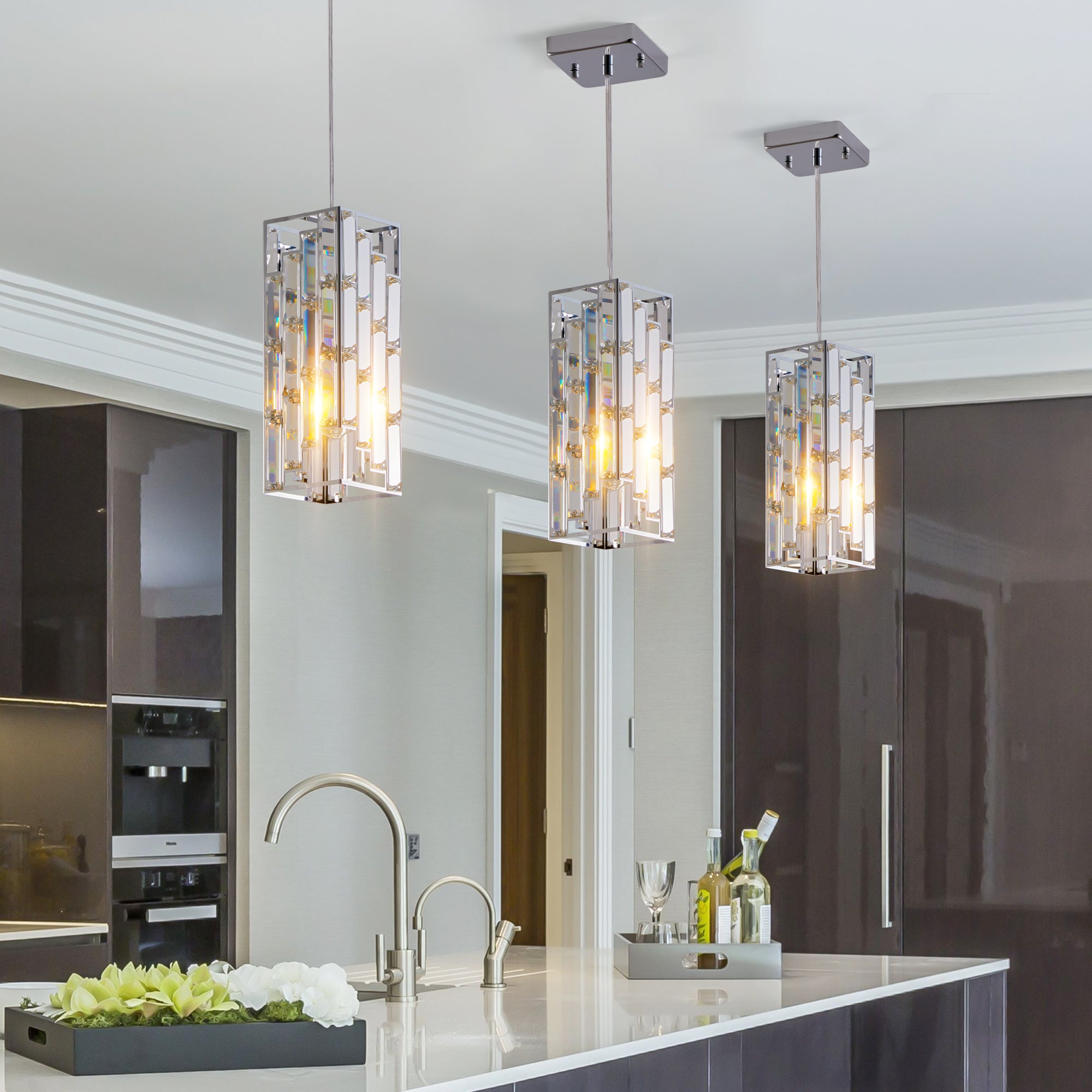 3-Light Crystal Pendant Set | Chrome Prism Mini Pendant Lights for Kitchen Island & Dining Room