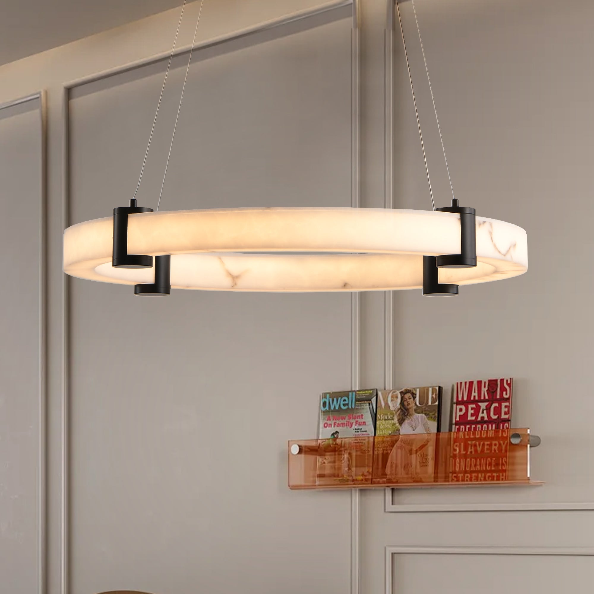 Modern LED Pendant Light 24-Inch Round Hanging Chandelier Adjustable Height Marble Resin Ring Ceiling Light