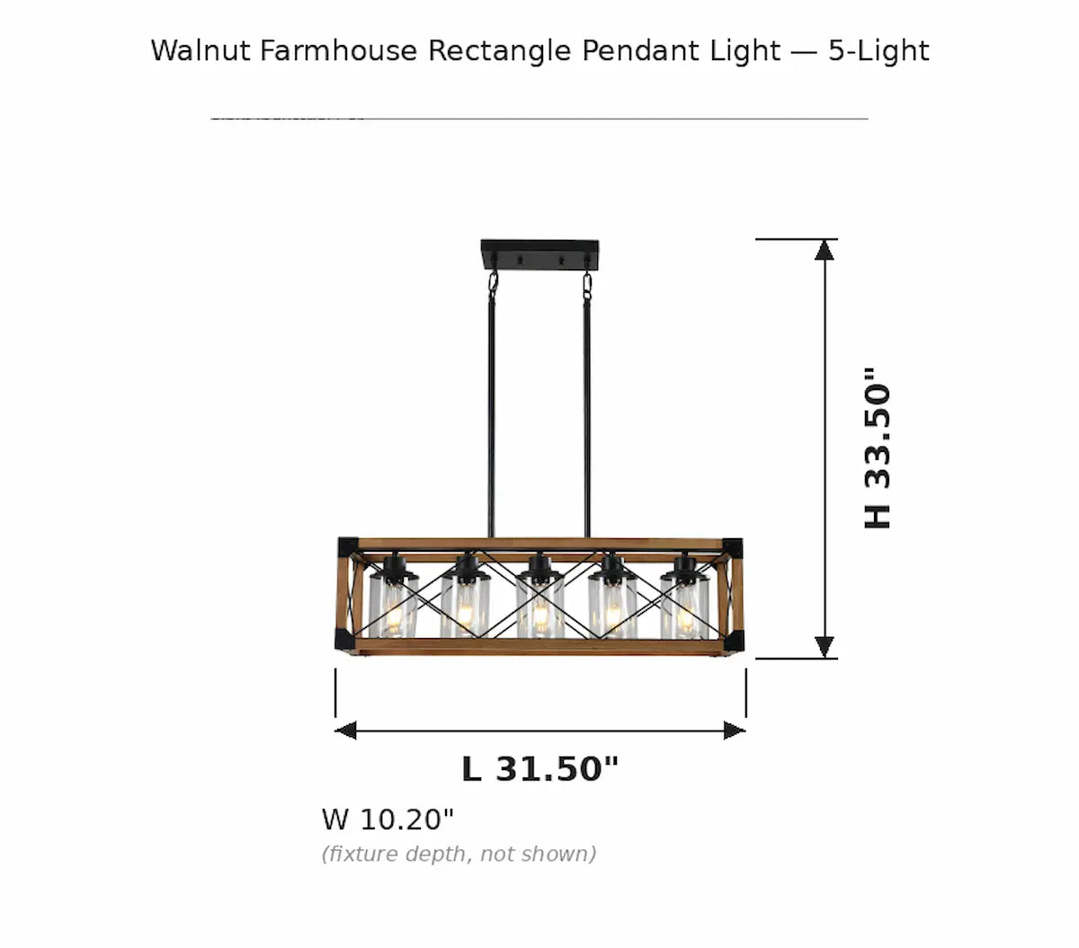 32" Walnut Farmhouse Kitchen Island Chandelier, 5-Light Industrial Rustic Rectangle Pendant Light Fixture, Farmhouse Ceiling Light, Rustic Chandelier, Kitchen Island Lighting, Dining Room Light Fixture, Hanging Ceiling Light, Cafe & Entryway Decor